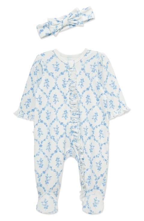 Trellis Rose Ruffle Cotton Footie & Headband Set (Baby) (Nordstrom Exclusive)