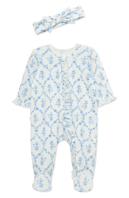 Little Me Trellis Rose Ruffle Cotton Footie & Headband Set In Blue