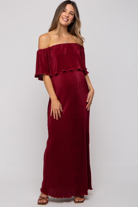 Pleated Ruffle Off Shoulder Maxi Dress