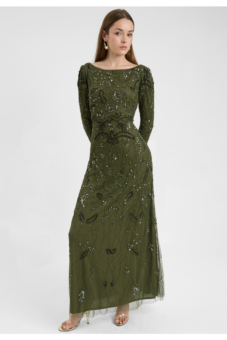 Modest Embellished Sequin Beaded Dress Maxi With Wide Neck, Alternate, color, OLIVE