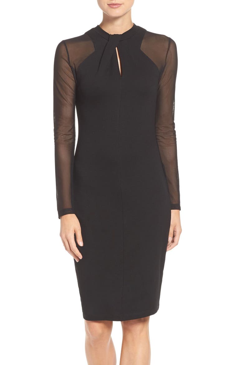 'Tania Tuck' Mesh Sleeve Sheath Dress, Main, color, BLACK