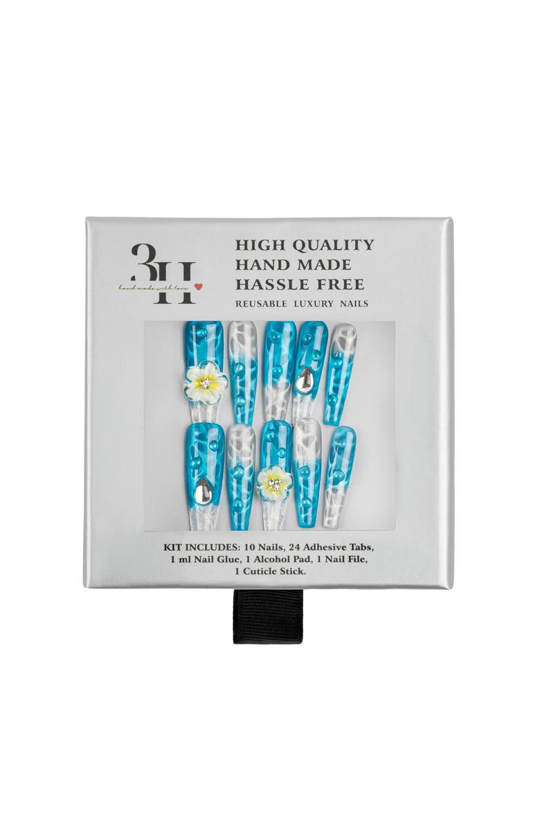 3H Nails Paradise Flower Luxury Handmade Press On Nails, Alternate, color, Cyan