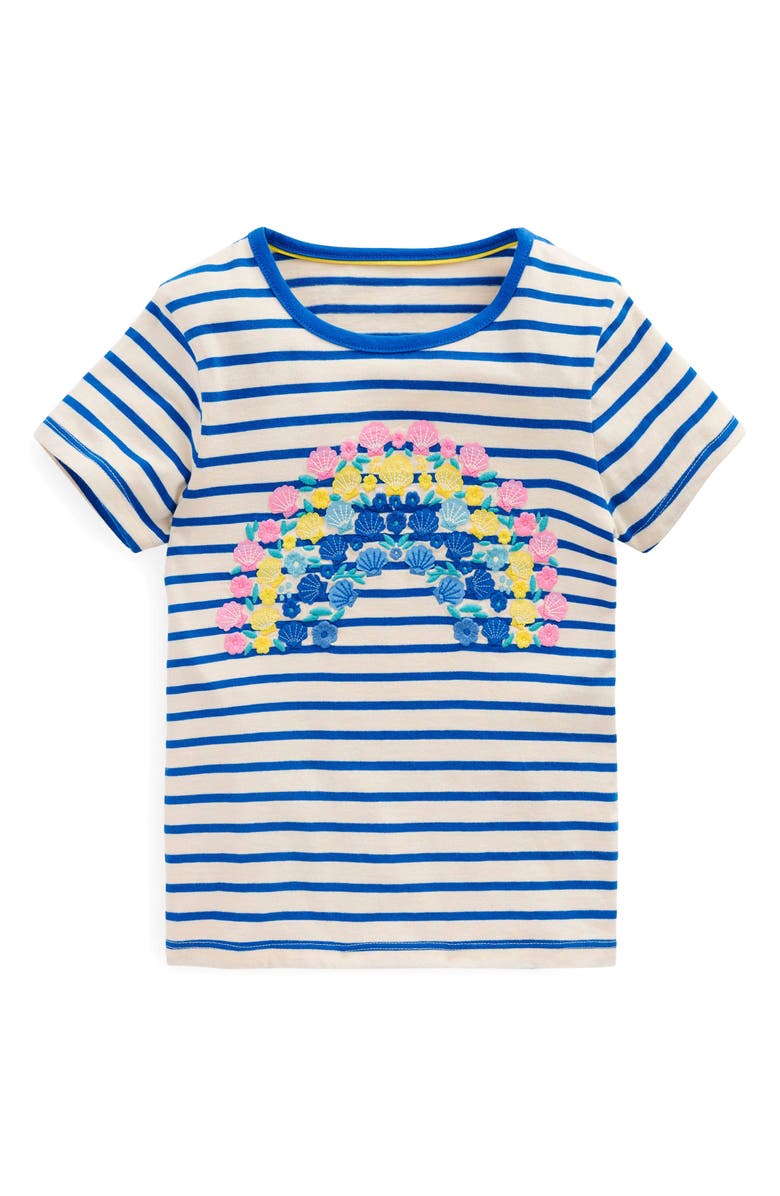 Mini Boden Kids' Stripe Shell Appliqué Cotton Graphic T-Shirt, Main, color, Peacock Plume Blue/ Soft Ivory