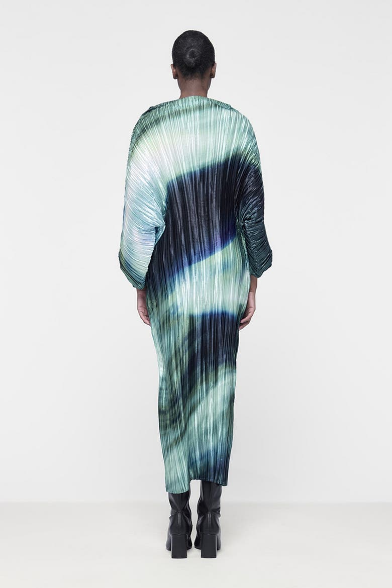 Printed Plisse Batwing Dress, Alternate, color, Green