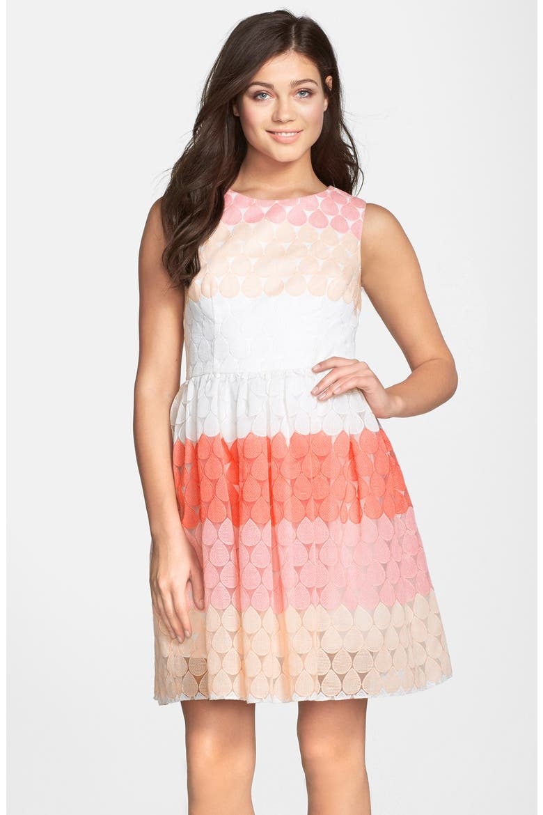 Stripe Embroidered Fit & Flare Dress, Main, color, PINK MULTI