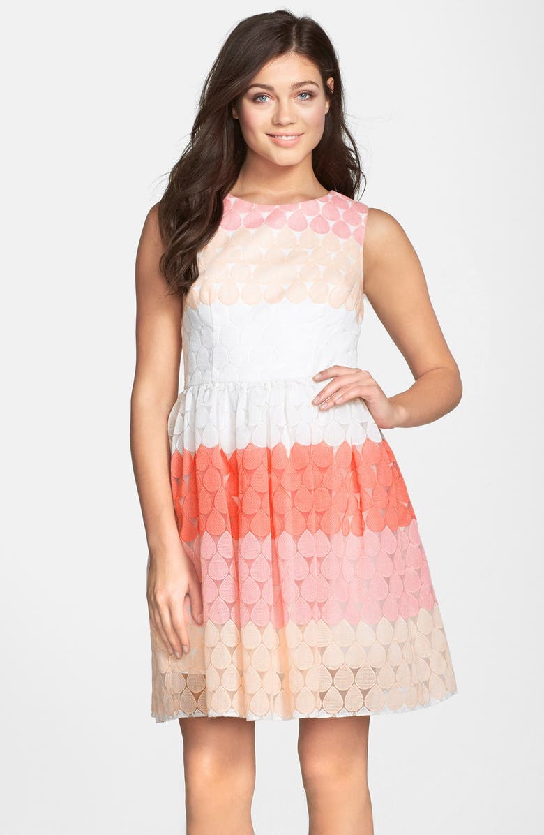 Betsey Johnson Stripe Embroidered Fit & Flare Dress, Main, color, 