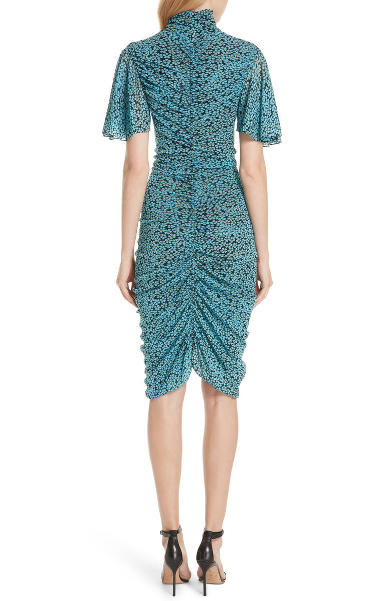 DVF Floral Ruched Flutter Sleeve High Neck Dress, Alternate, color, 