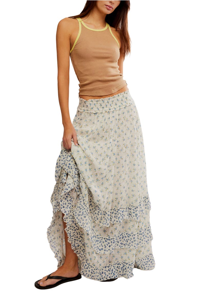 Brynn Mixed Floral Tiered Cotton Blend Maxi Skirt, Alternate, color, IVORY COMBO- DITSY