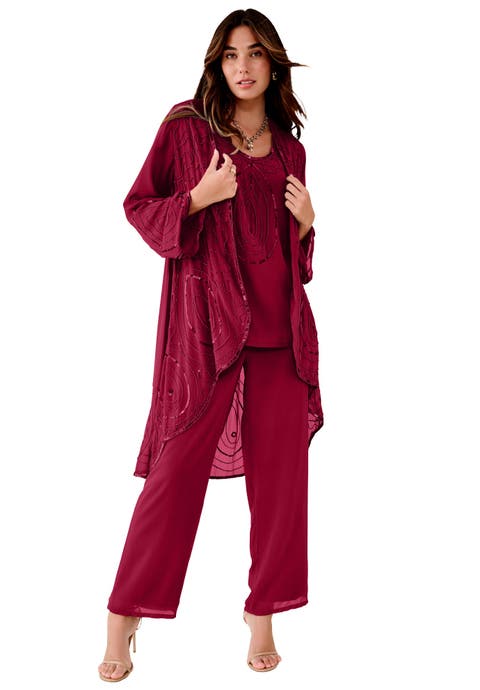 Plus Size Beaded Georgette Scoop Neck 3-Piece Pant Set (Plus)