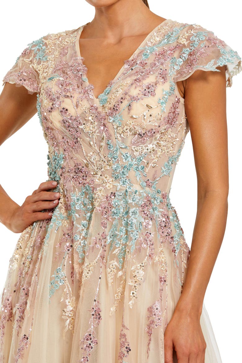 Embellished Net Wrap Flutter Sleeve Gown, Alternate, color, Nude Multi