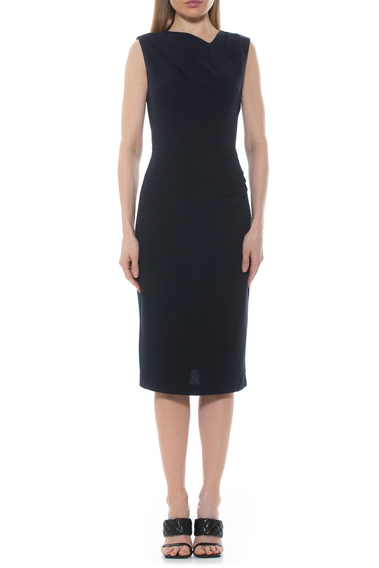 Diane Asymmetric Sleeveless Midi Sheath Dress, Main, color, NAVY