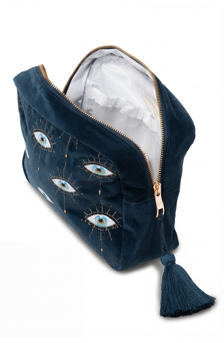 Elizabeth Scarlett Mystical Eye Velvet Wash Bag, Alternate, color, Ink Blue