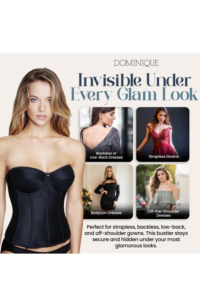 Dominique Intimates Juliette Satin Low Back Convertible Strapless Corset Longline Bra, Alternate, color, Black