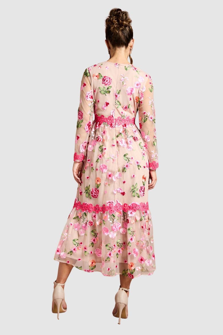 Embroidered Floral Midi Dress, Alternate, color, Nude