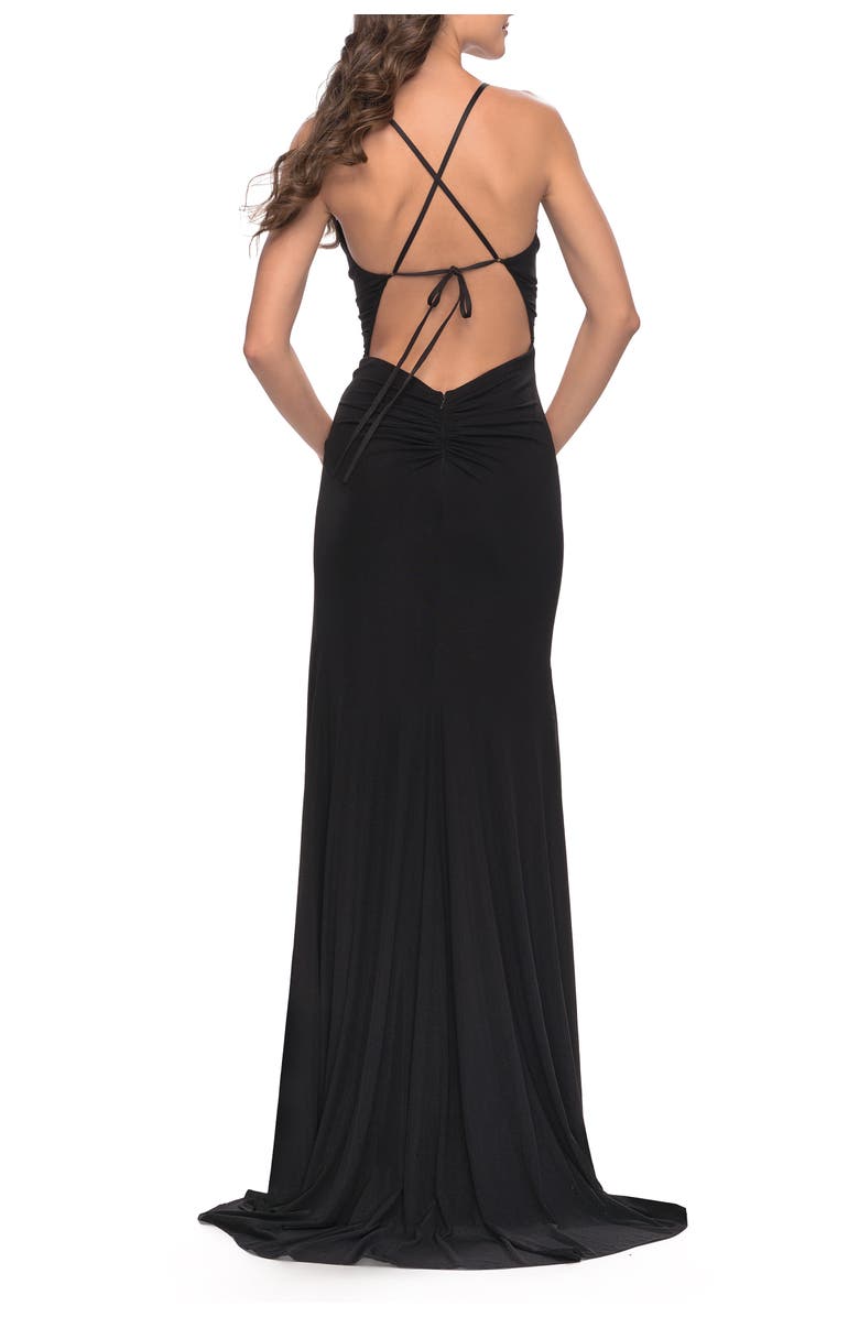 La Femme Net Jersey Ruched Prom Dress with Illusion Bodice, Alternate, color, Black