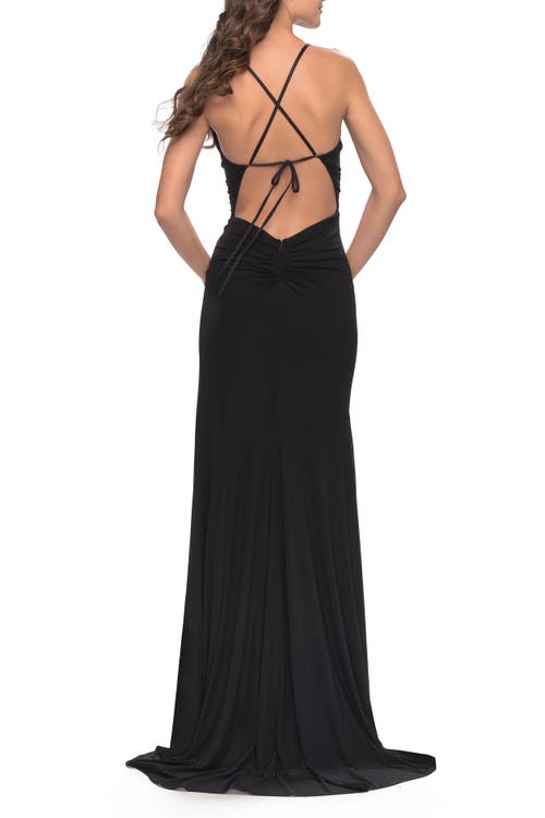 La Femme Net Jersey Ruched Prom Dress With Illusion Bodice In Black