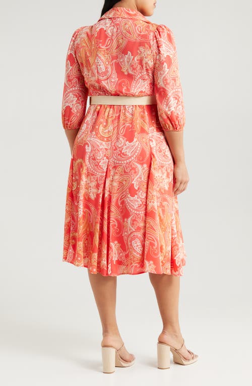 Tahari Asl Paisley Belted Fit & Flare Shirtdress In Coral Paisley