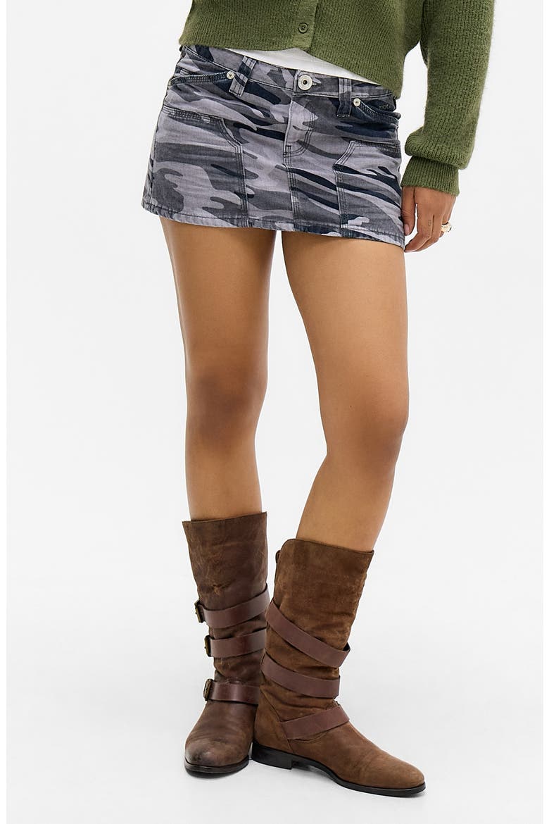 Camo Low Rise Denim Carpenter Miniskirt, Main, color, GREY