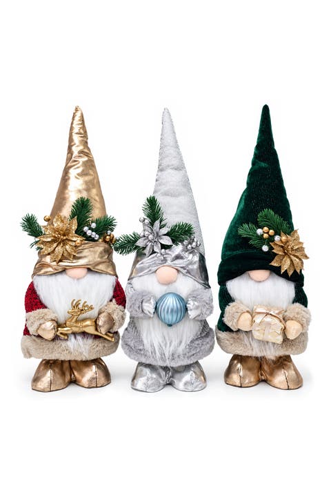 Christmas Luxe Emerald Gold And Silver Plush Gnome Set