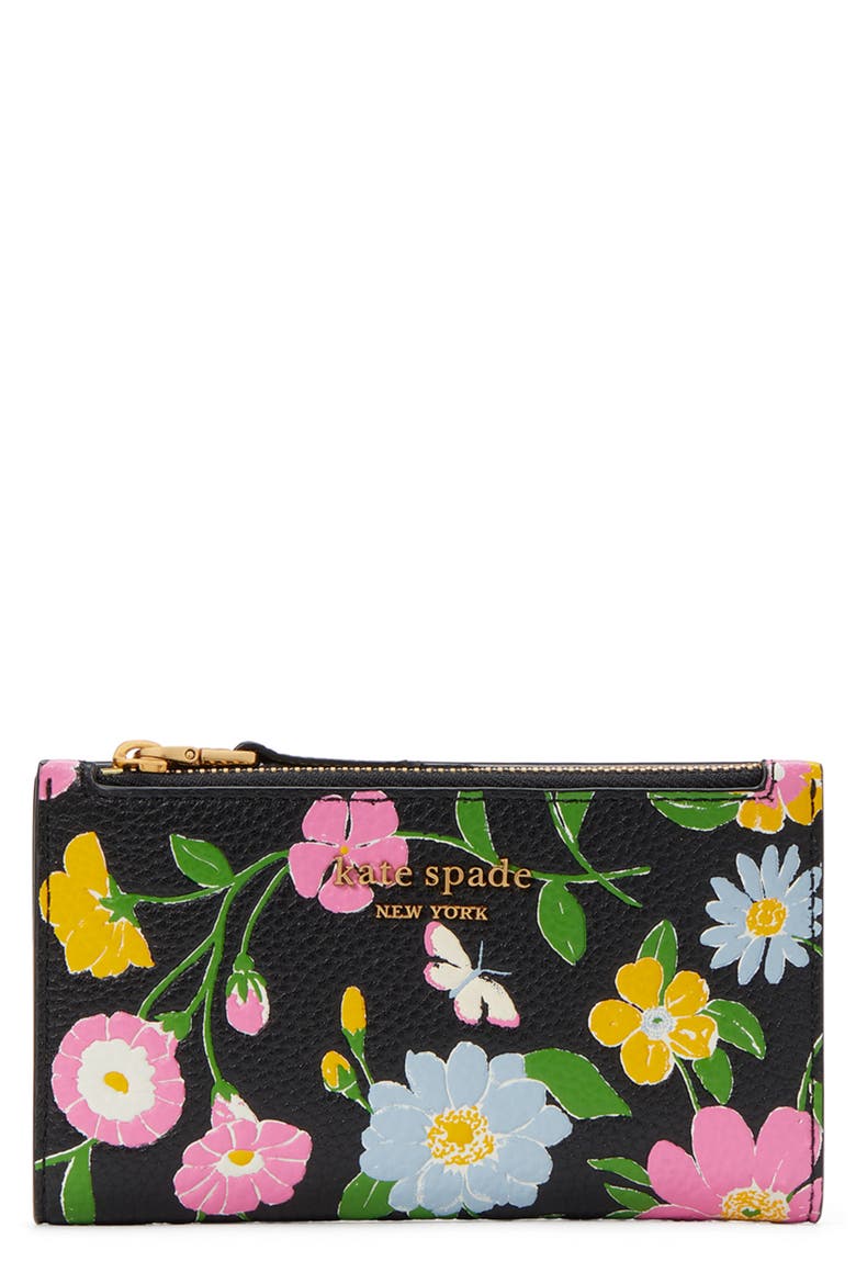 roulette floral embossed leather bifold wallet, Main, color, BLACK MULTI.