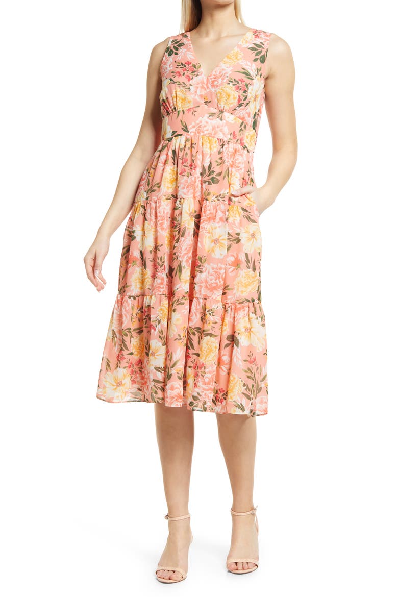 Floral Sleeveless Tiered Ruffle Midi Dress, Main, color, BLUSH