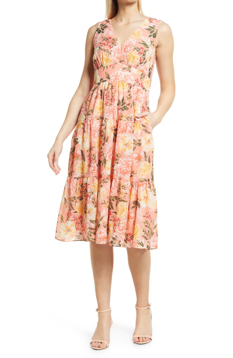 Vince Camuto Floral Sleeveless Tiered Ruffle Midi Dress, Main, color, 