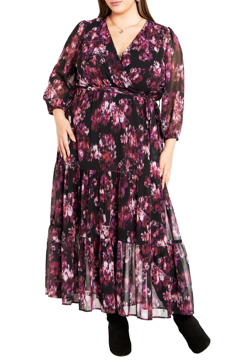 Monique Print Long Sleeve Faux Wrap Maxi Dress, Main, color, BLURRED BUD