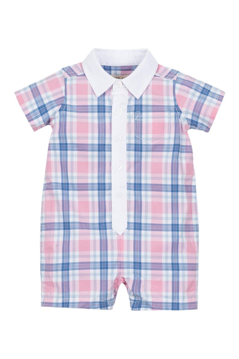 Baby Poplin Button Front Romper, Infant, Alternate, color, Fresh Pink and Blue Plaid