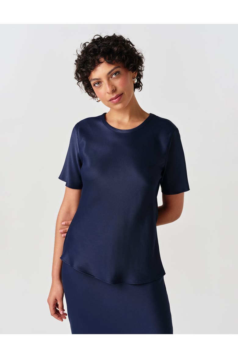 Ria Short Sleeve Satin Top, Main, color, Navy