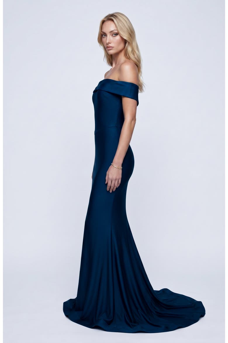 Off The Shoulder Sculpted Mermaid Evening Gown, Alternate, color, Navy