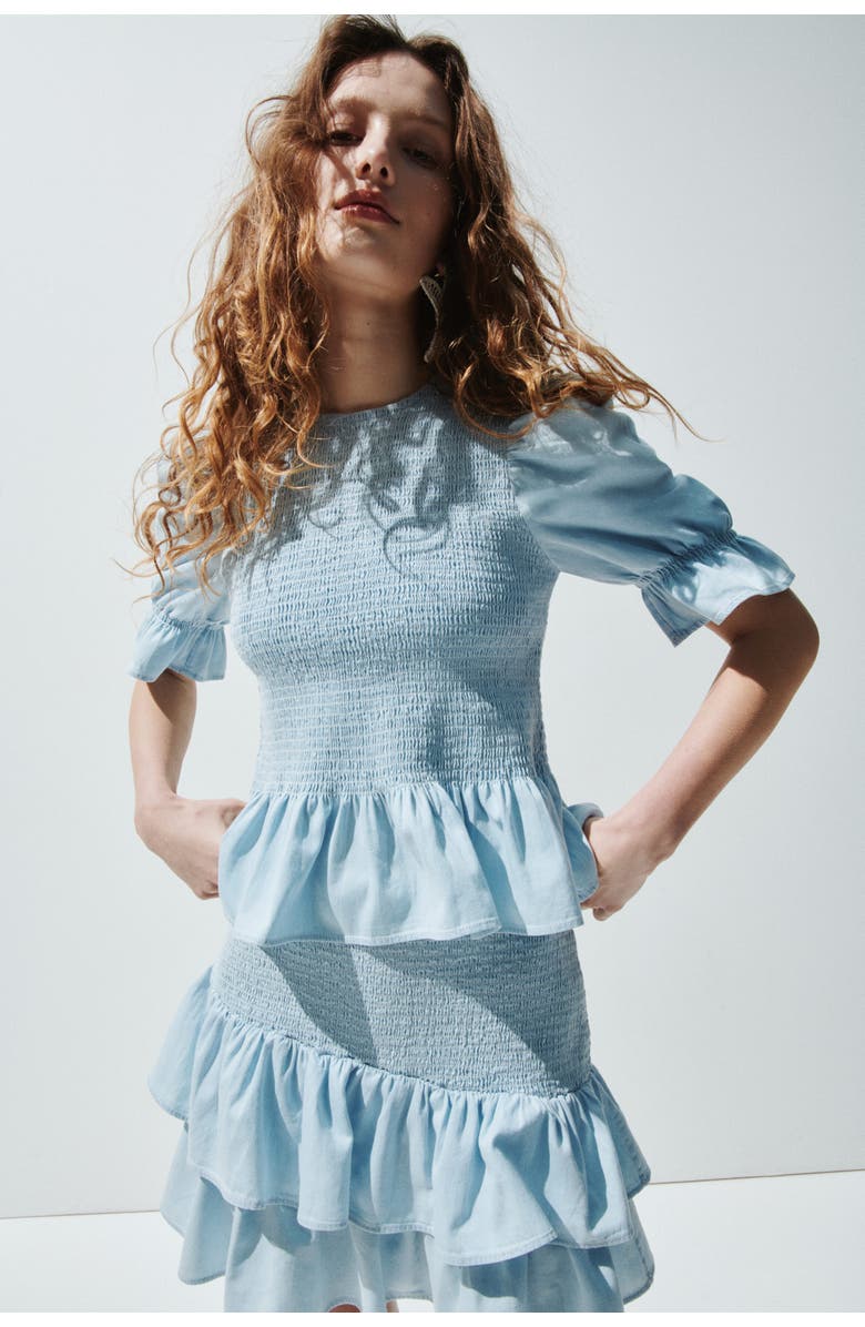 H&M Smocked Denim Blouse, Alternate, color, Light Blue