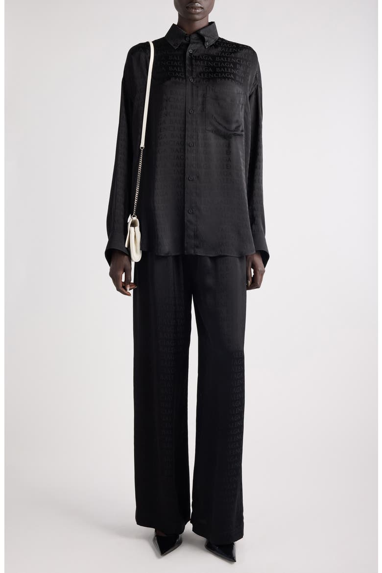 Cocoon Logo Jacquard Oversize Satin Button-Up Shirt, Alternate, color, 1000 BLACK