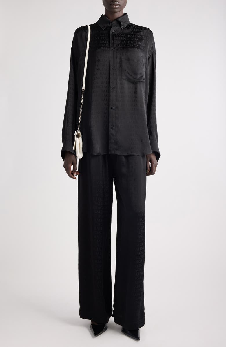 Balenciaga Cocoon Logo Jacquard Oversize Satin Button-Up Shirt, Alternate, color, 1000 Black