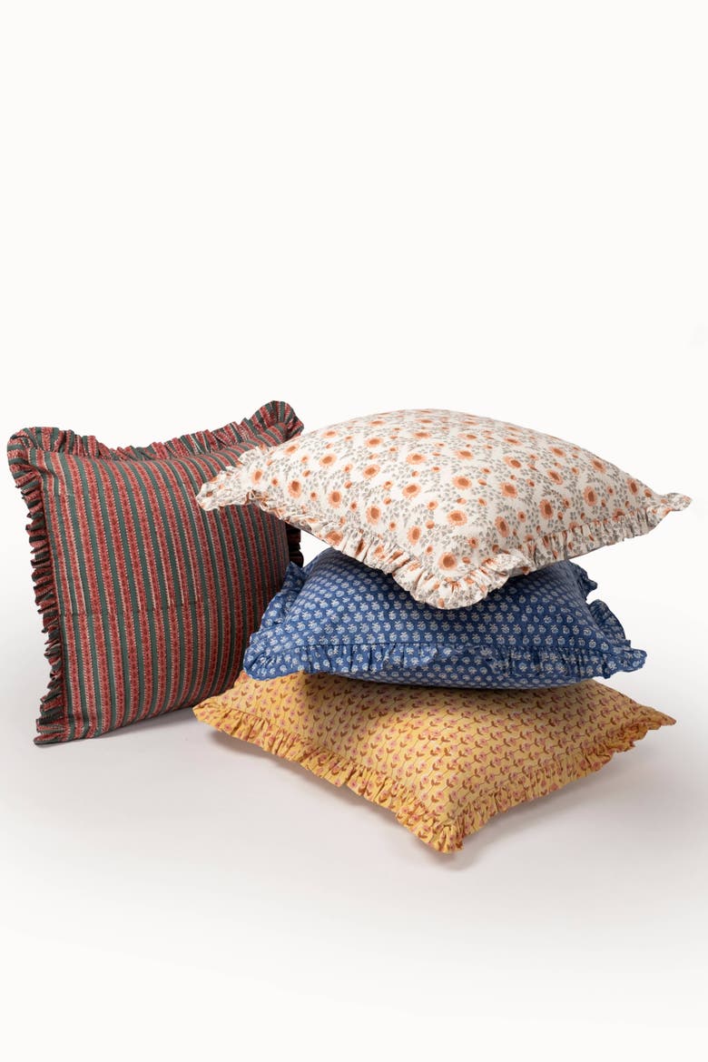 Parijat Ruffle Blockprint Pillow Cover, Alternate, color, Blue