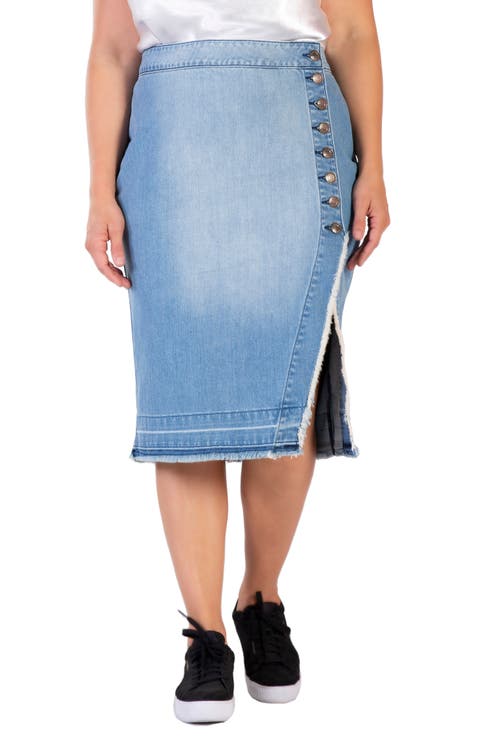 Frayed Slit Hem Denim Skirt (Plus Size)