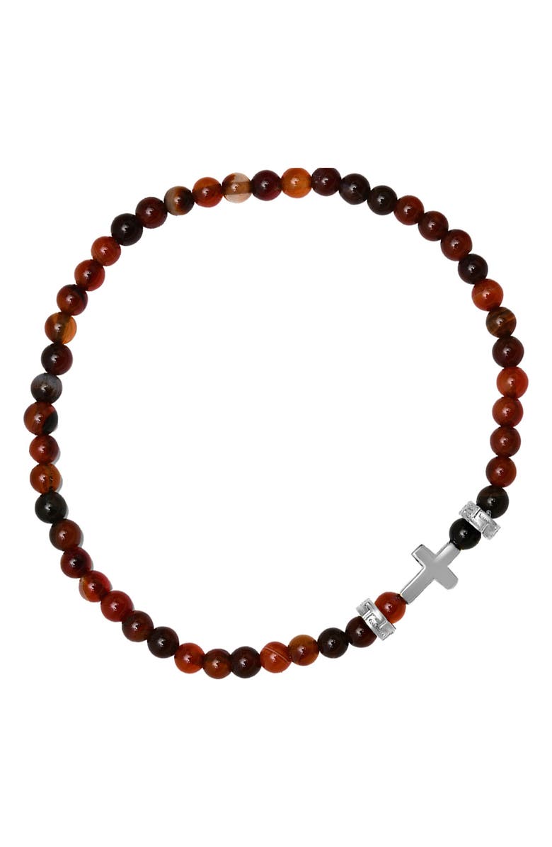 HMY JEWELRY Men's Sterling Silver Cross Red Agate Beaded Stretch Bracelet, Alternate, color, Silver/ Red/ Black