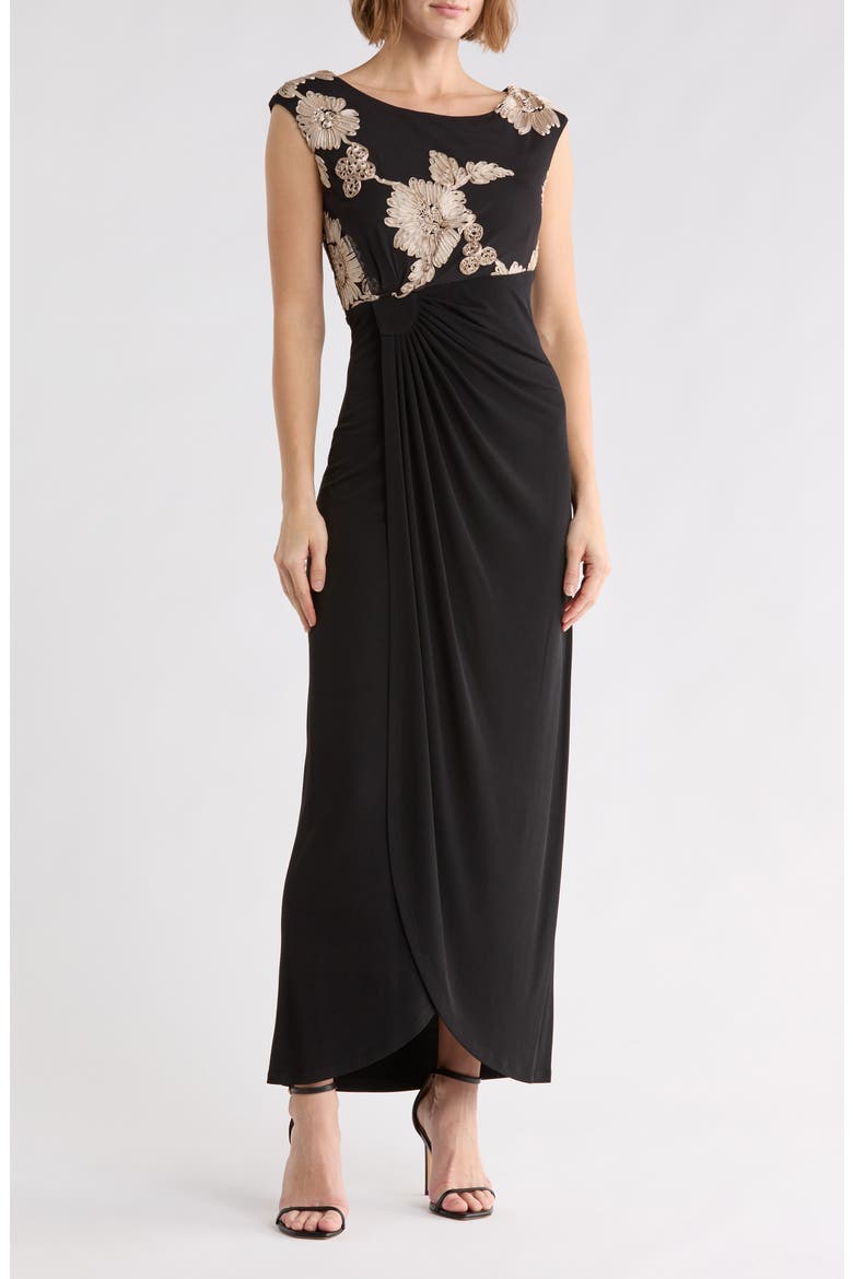 Soutache Bodice Faux Wrap Gown, Main, color, BLACK/ CHAMPAGNE
