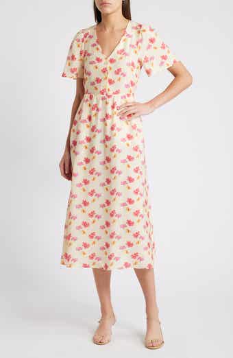 Other Stories Floral Puff Sleeve Linen Midi Dress Nordstrom