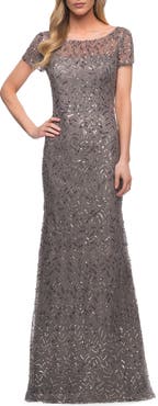 La Femme Beaded Long Dress with Illusion Top and Sleeves