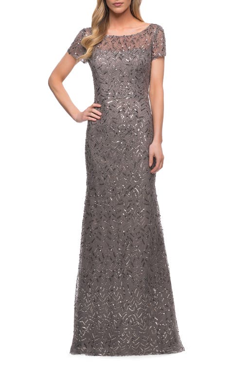 La Femme Beaded Long Dress With Illusion Top And Sleeves In Silver