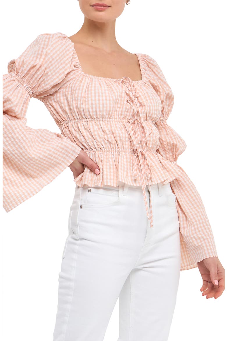 Front Tie Shirred Puff Sleeve Top, Alternate, color, BLUSH