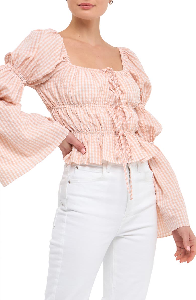 English Factory Front Tie Shirred Puff Sleeve Top, Alternate, color, Blush