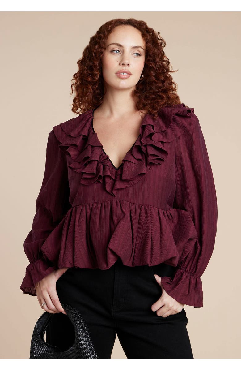 ELOQUII Romantic Ruffle Blouse, Main, color, Maroon Banner