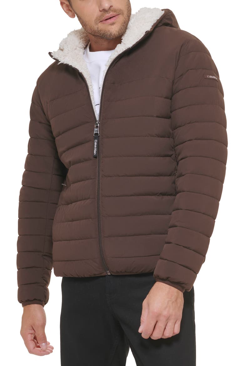 Faux Shearling Lined Hooded Puffer Jacket, Main, color, BROWN