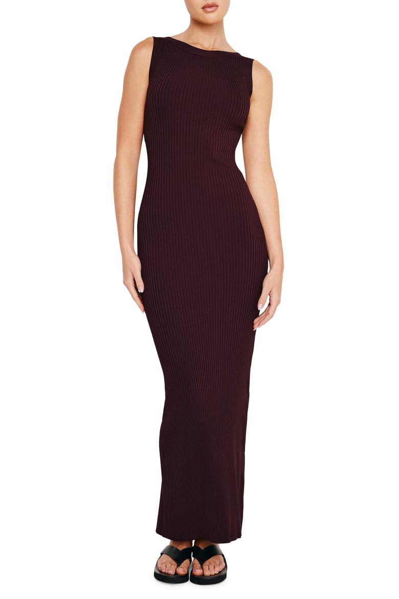 Shine Scoop Back Rib Maxi Sweater Dress, Main, color, MALBEC003