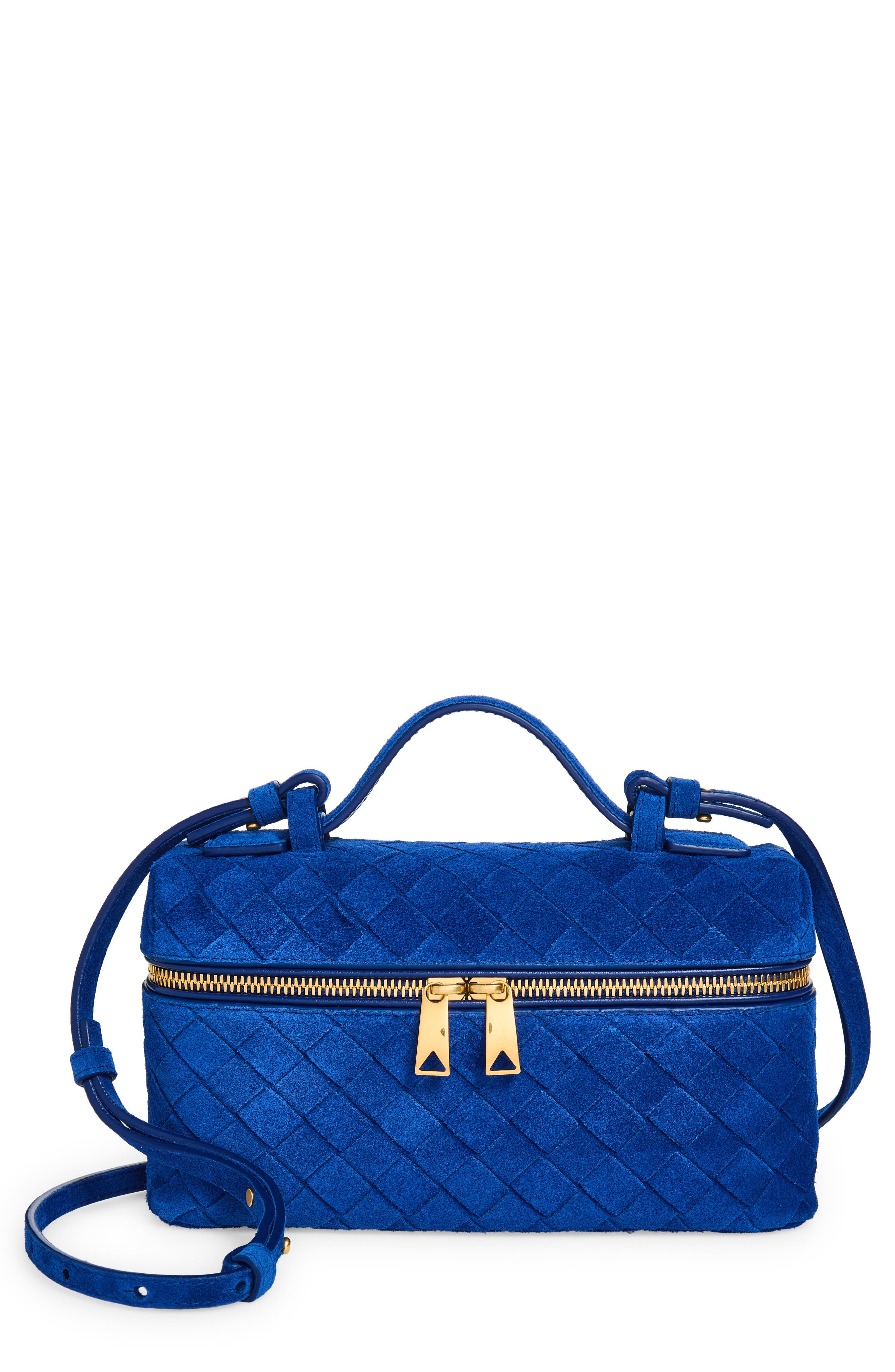 Bottega Veneta Bang Bang Intrecciato Suede Vanity Case, Main, color, 4297 Blue Royal-Gold