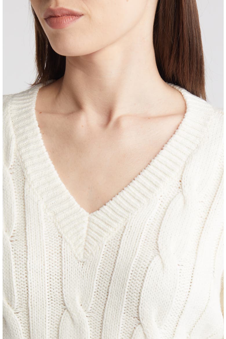 Cable Knit V-Neck Crop Sweater, Alternate, color, ANTIQUE CREAM