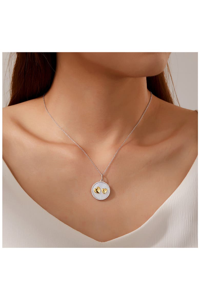 Simulated Diamond Mother-of-Pearl Double Heart Pendant Necklace, Alternate, color, SILVER/ MOP