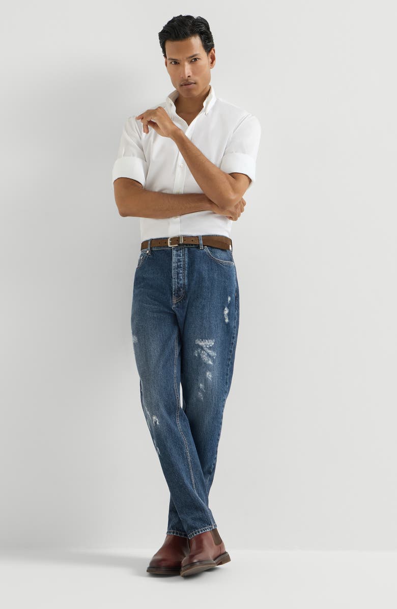 Brunello Cucinelli Denim iconic fit five-pocket trousers with rips, Alternate, color, Dark Denim
