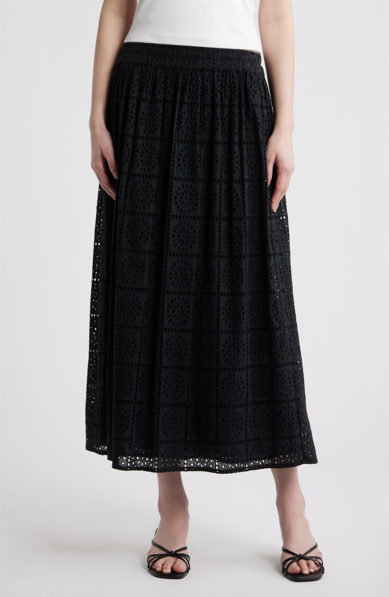Rails Dax Cotton Eyelet Midi Skirt, Main, color, Black Grid Embroidery